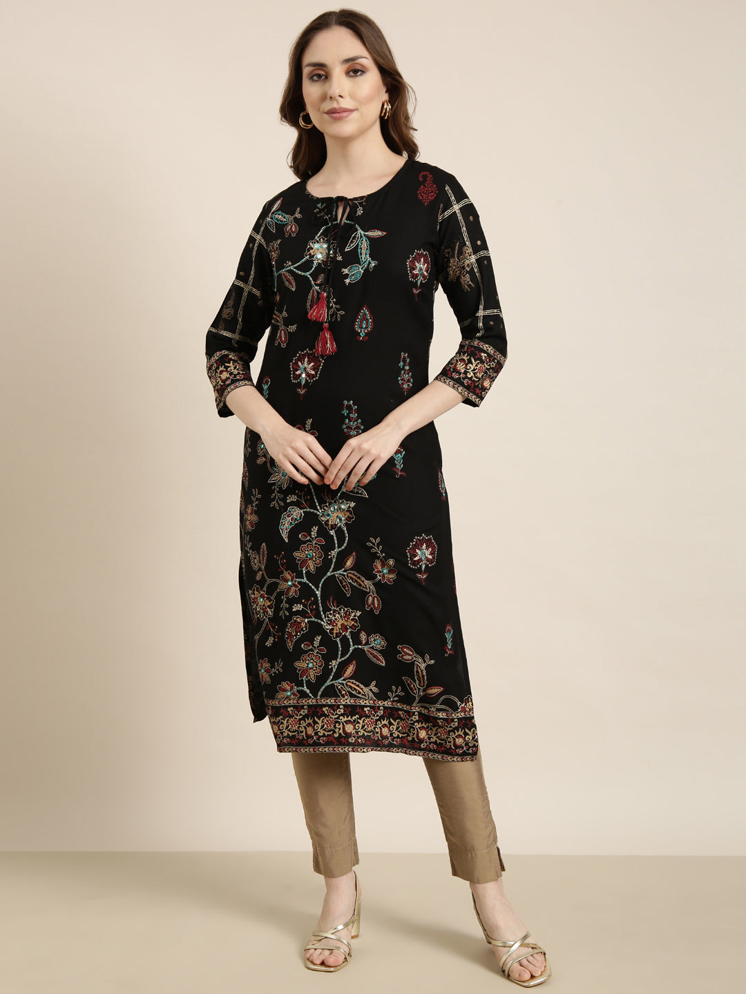 Women's Straight Black Floral Kurta
