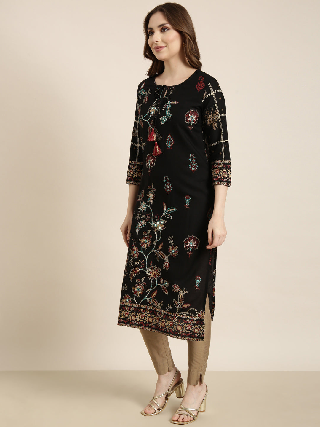Women's Straight Black Floral Kurta