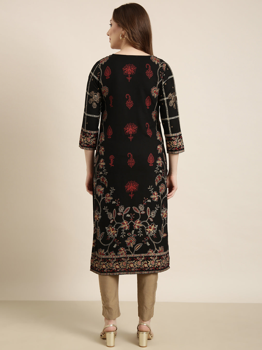 Women's Straight Black Floral Kurta