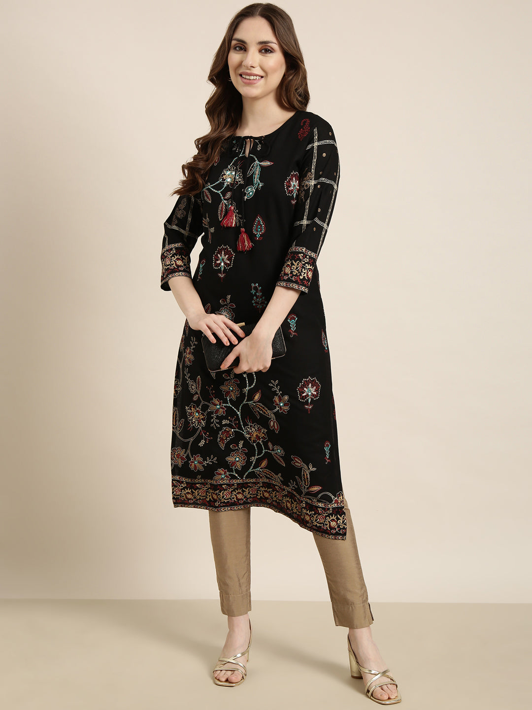 Women's Straight Black Floral Kurta