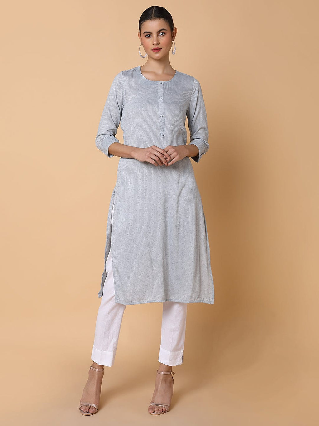 Women's Solid Sequins Grey Straight Kurta