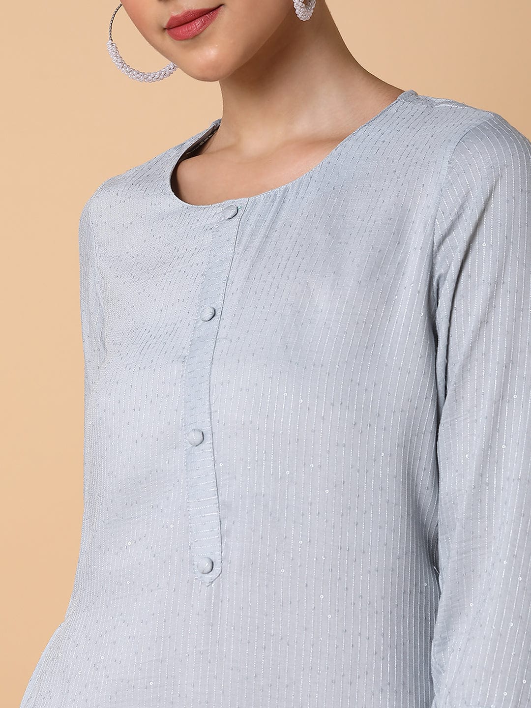 Women's Solid Sequins Grey Straight Kurta