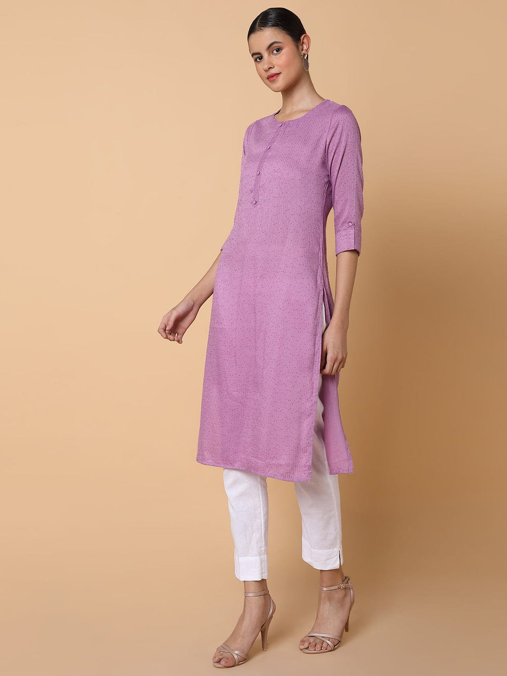 Women's Solid Sequins Lavender Straight Kurta