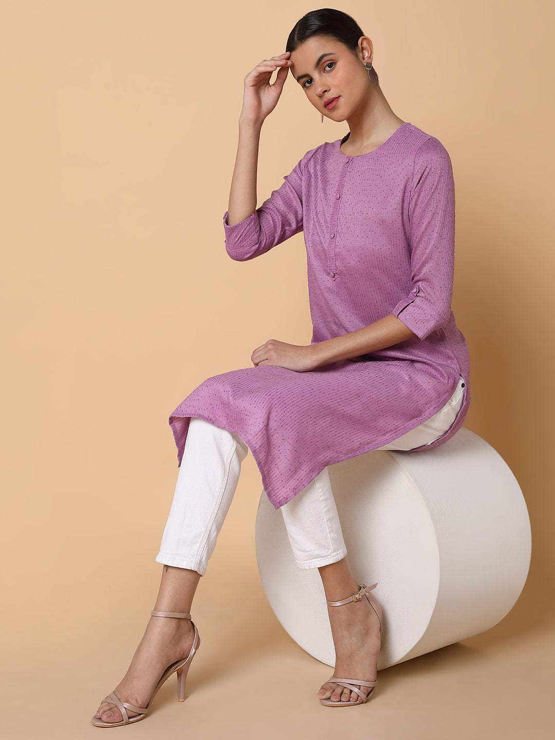 Women's Solid Sequins Lavender Straight Kurta