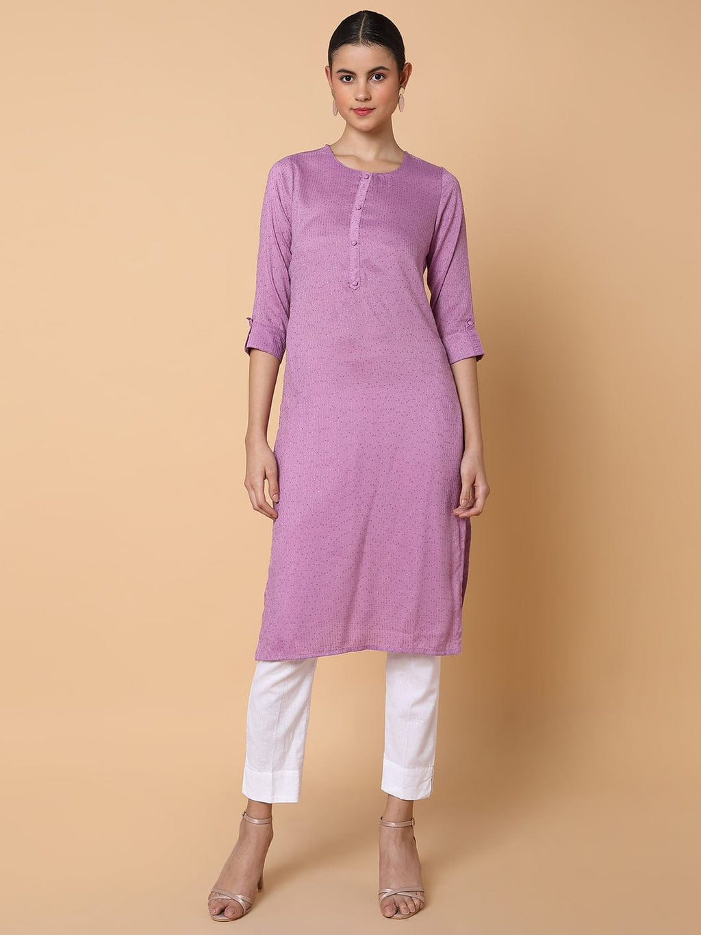 Women's Solid Sequins Lavender Straight Kurta