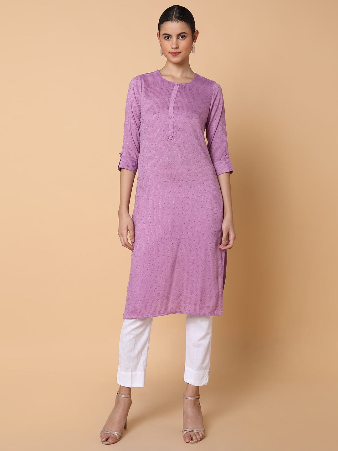 Women's Solid Sequins Lavender Straight Kurta