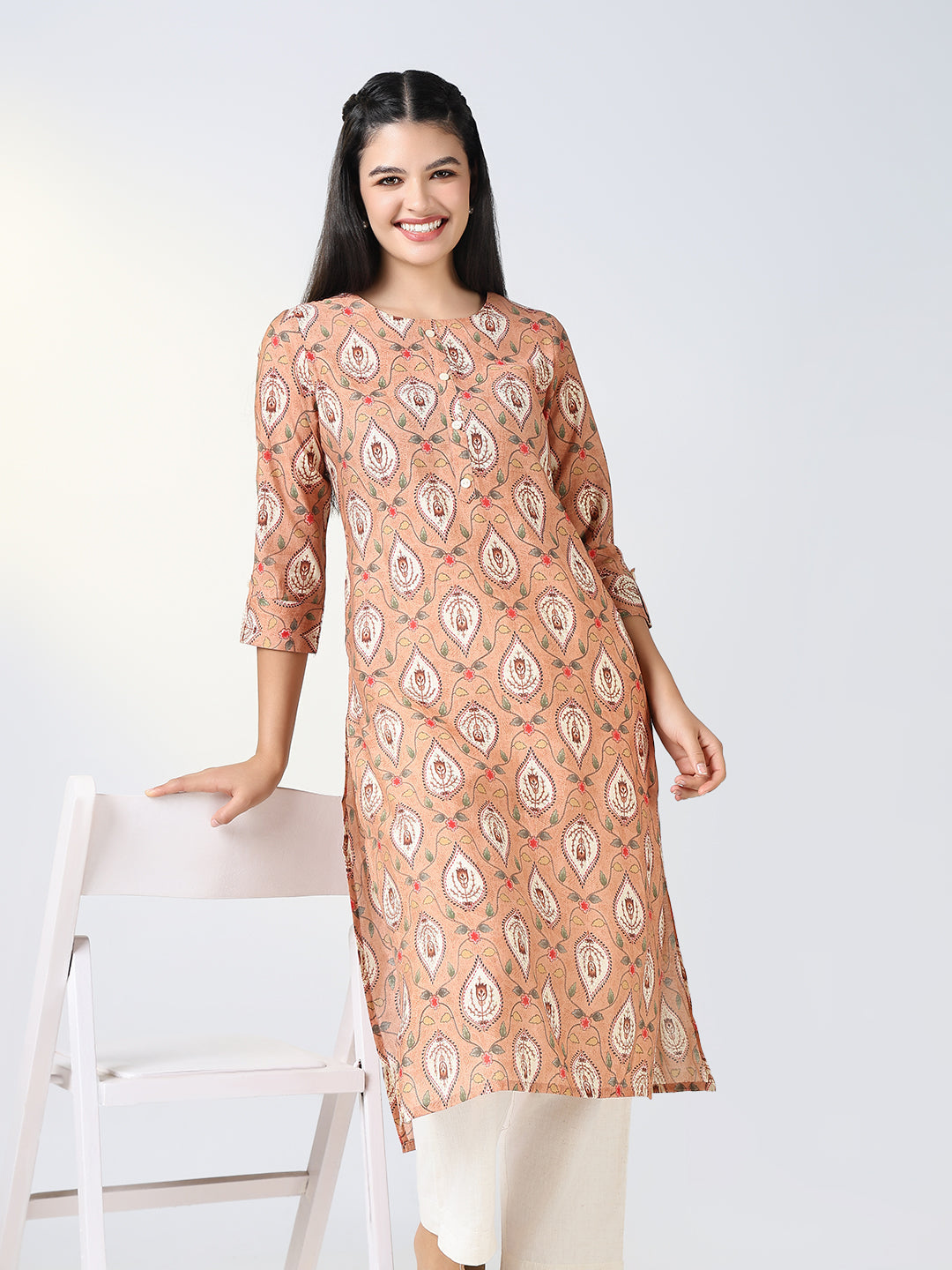 Women's Peach Ethnic Motifs Straight Kurta