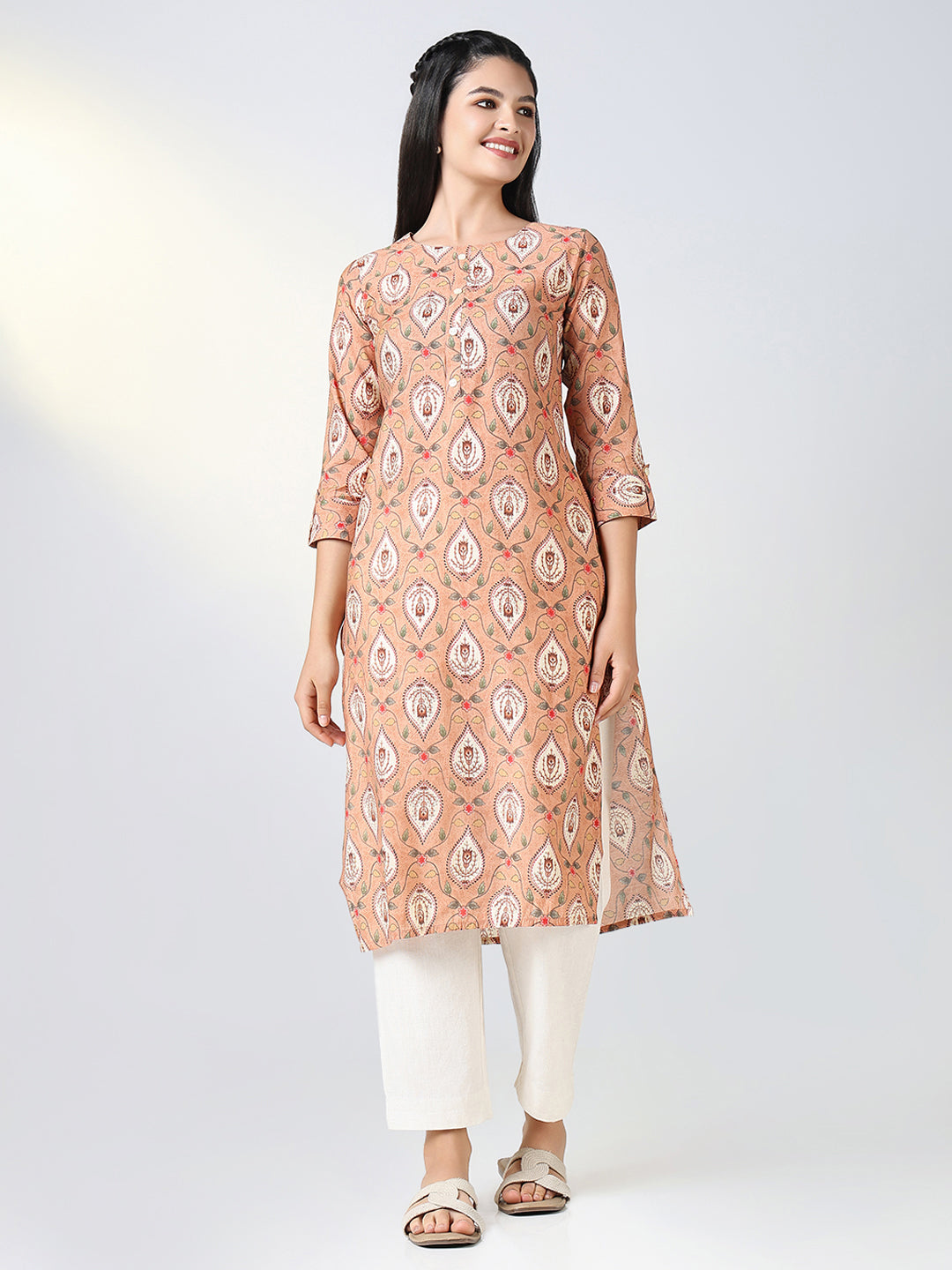 Women's Peach Ethnic Motifs Straight Kurta