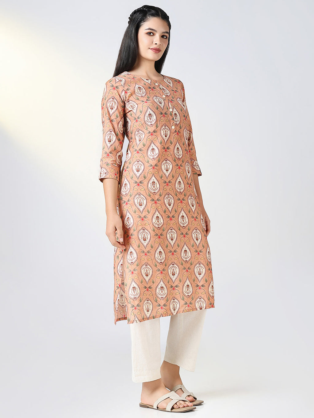 Women's Peach Ethnic Motifs Straight Kurta