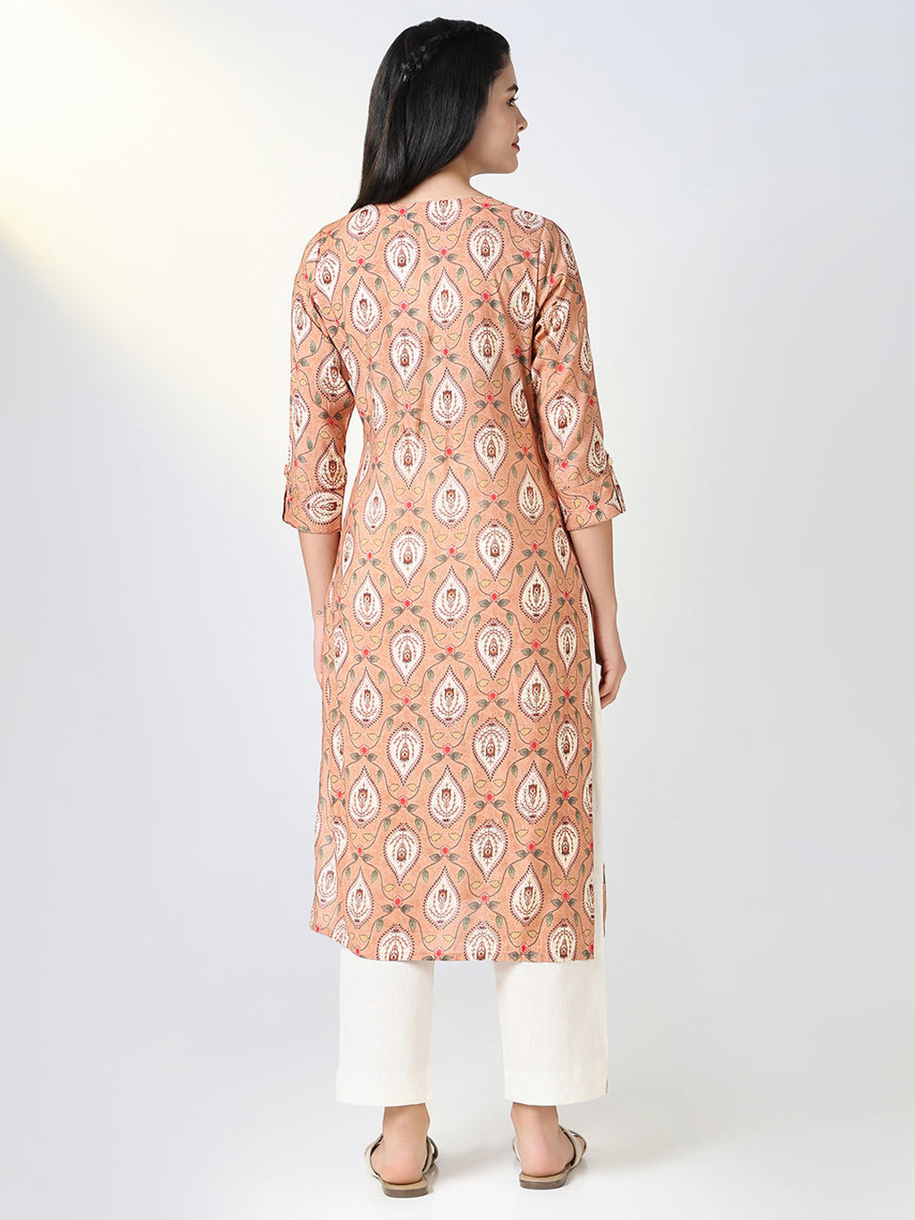 Women's Peach Ethnic Motifs Straight Kurta