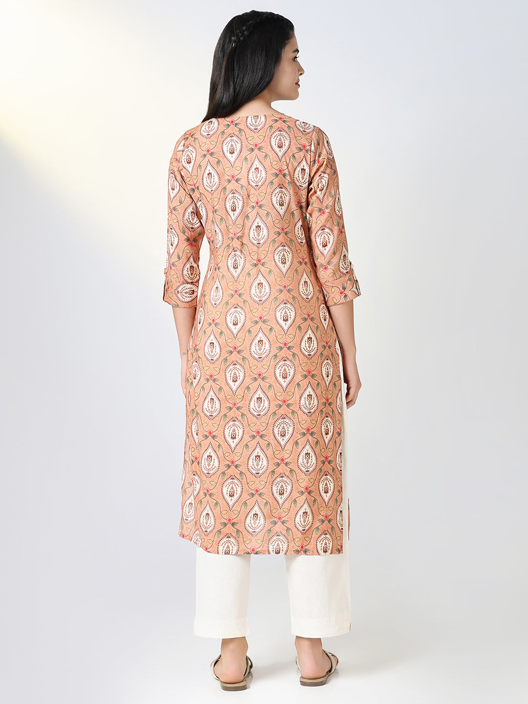 Women's Peach Ethnic Motifs Straight Kurta