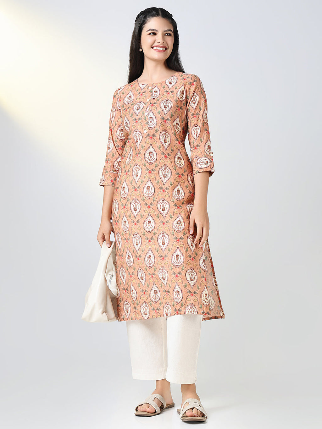 Women's Peach Ethnic Motifs Straight Kurta
