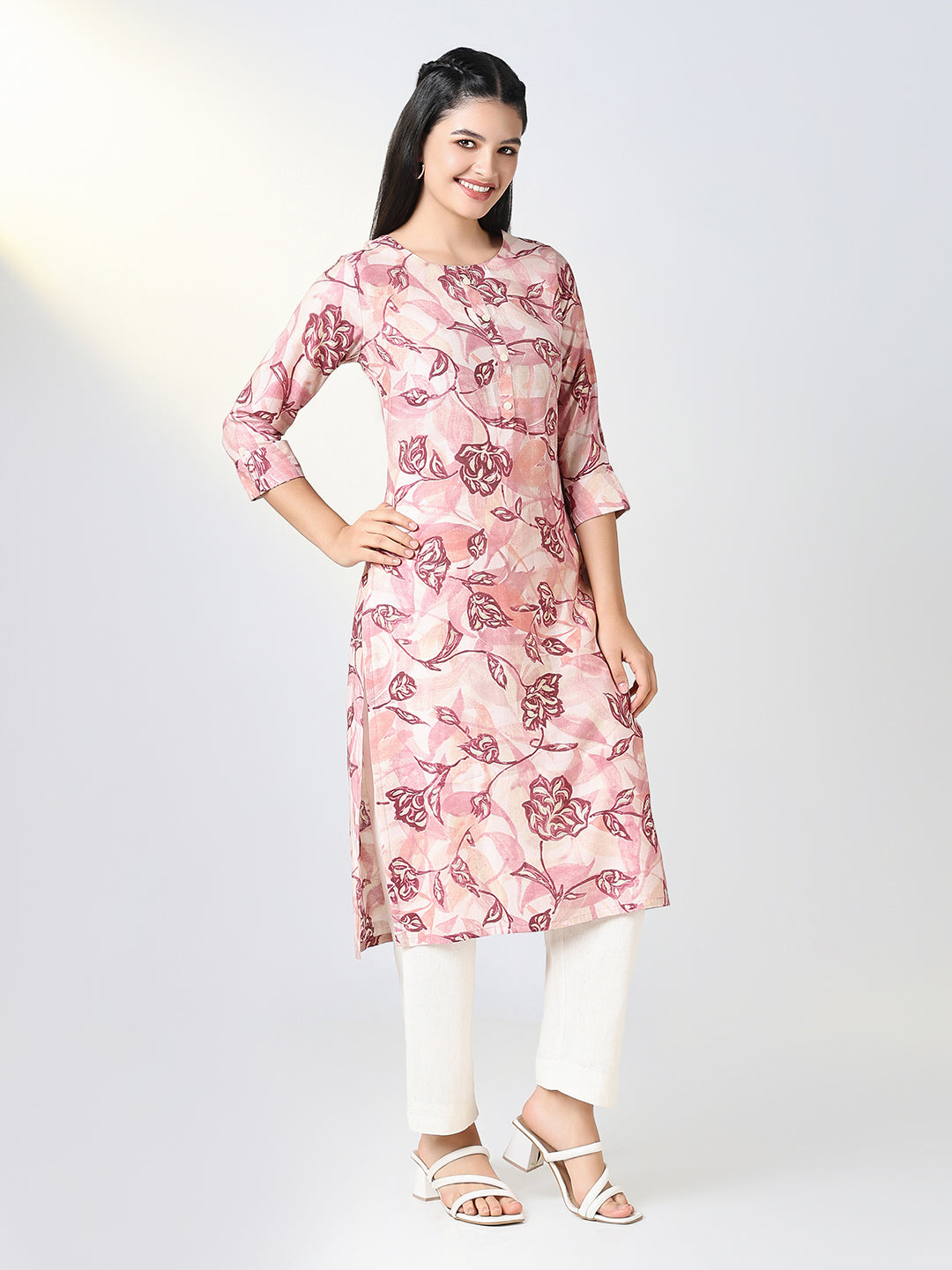 Women's Pink Floral Straight Kurta