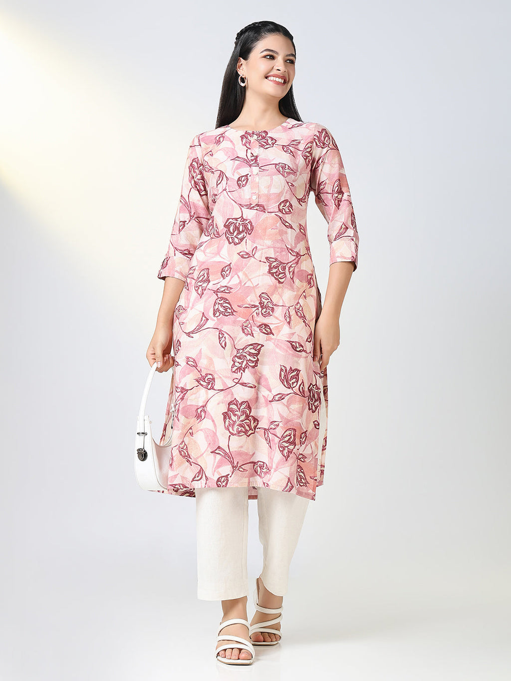 Women's Pink Floral Straight Kurta
