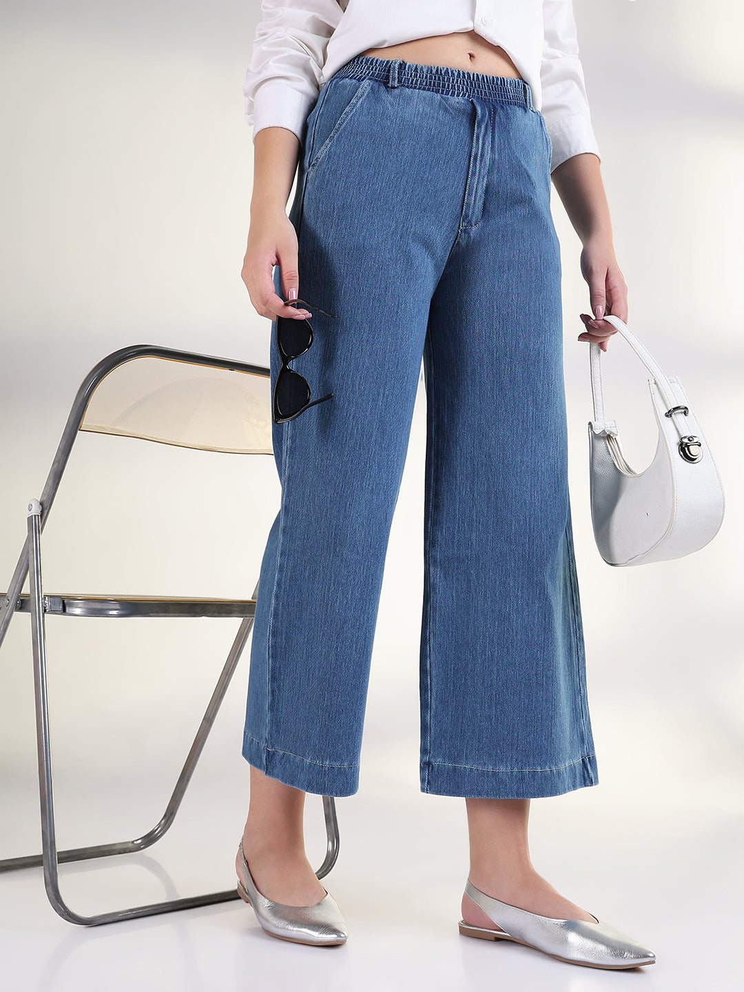 Women's Blue Solid Wide Leg Jeans