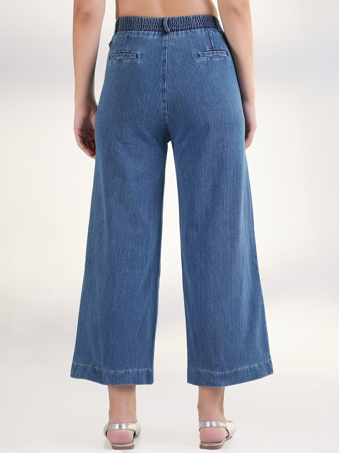 Women's Blue Solid Wide Leg Jeans