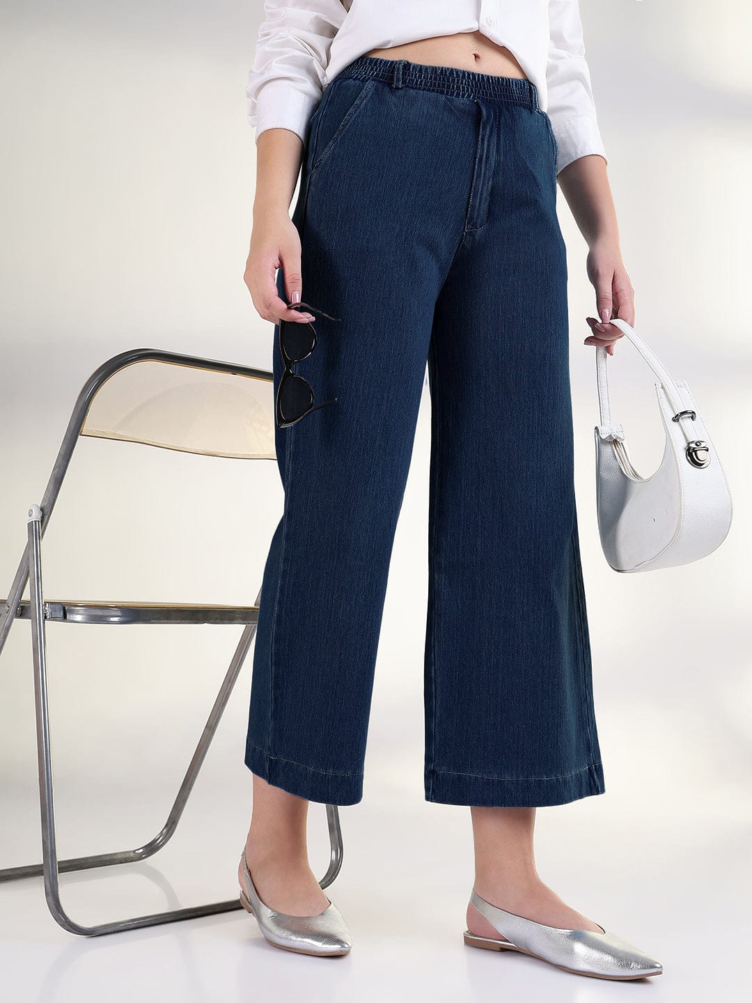 Women's Navy Blue Relaxed Fit Cropped Jeans