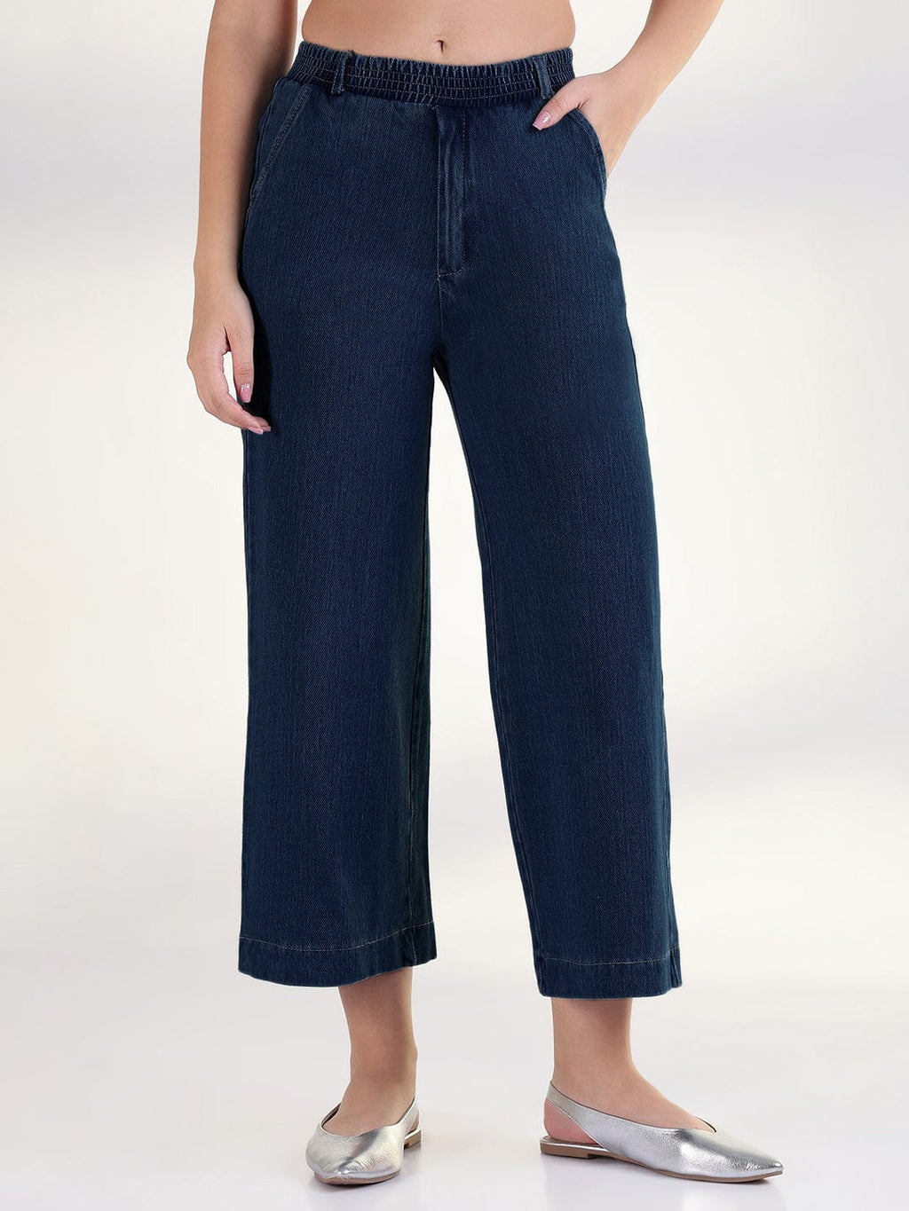 Women's Navy Blue Relaxed Fit Cropped Jeans