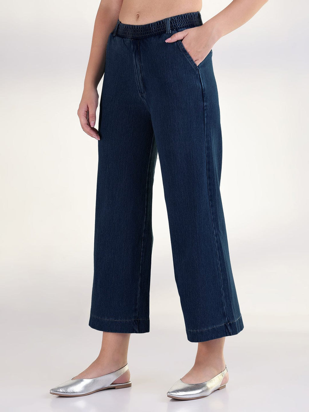 Women's Navy Blue Relaxed Fit Cropped Jeans