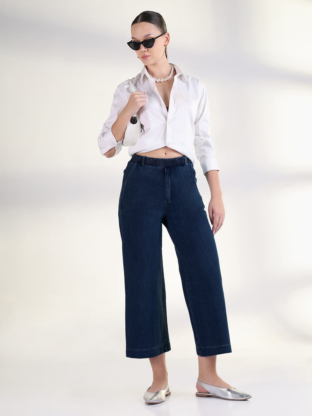 Women's Navy Blue Relaxed Fit Cropped Jeans