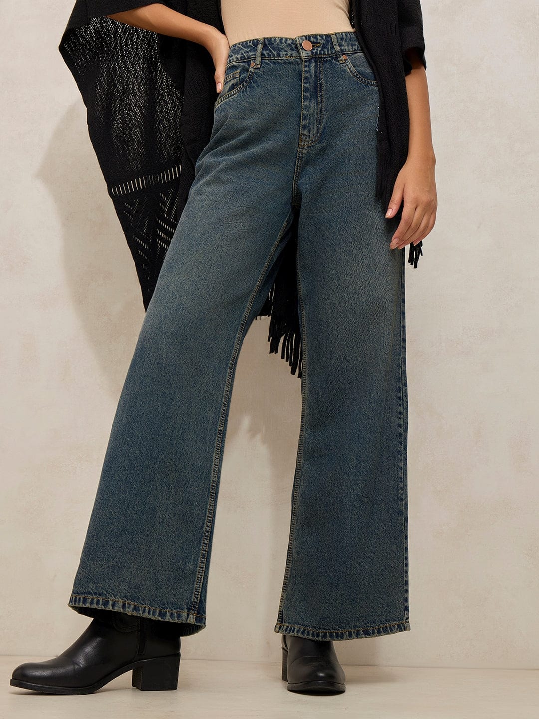 Women's Dark Blue High Rise Wide Leg Jeans