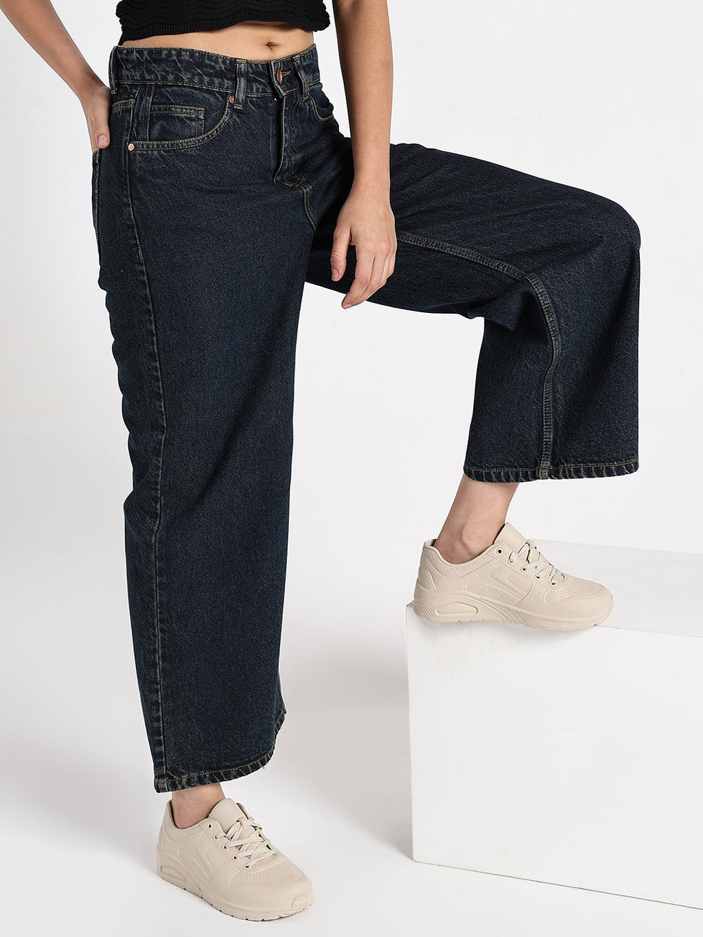 Women's Navy Blue High-Waist Wide Leg Jeans