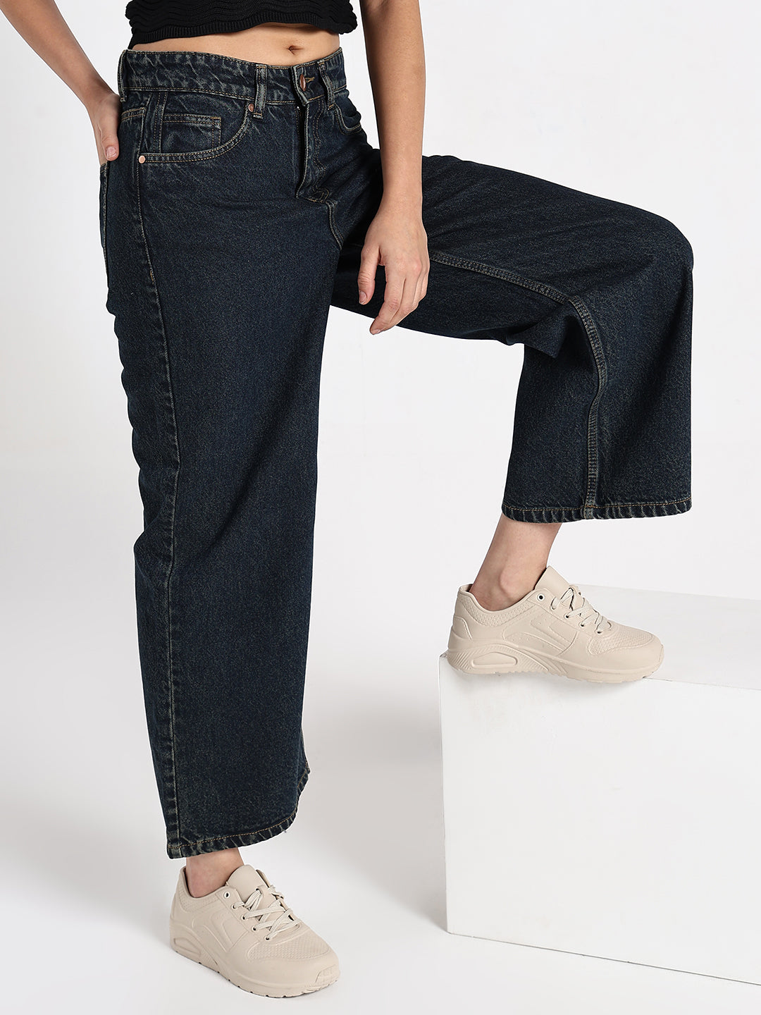 Women's Navy Blue High-Waist Wide Leg Jeans