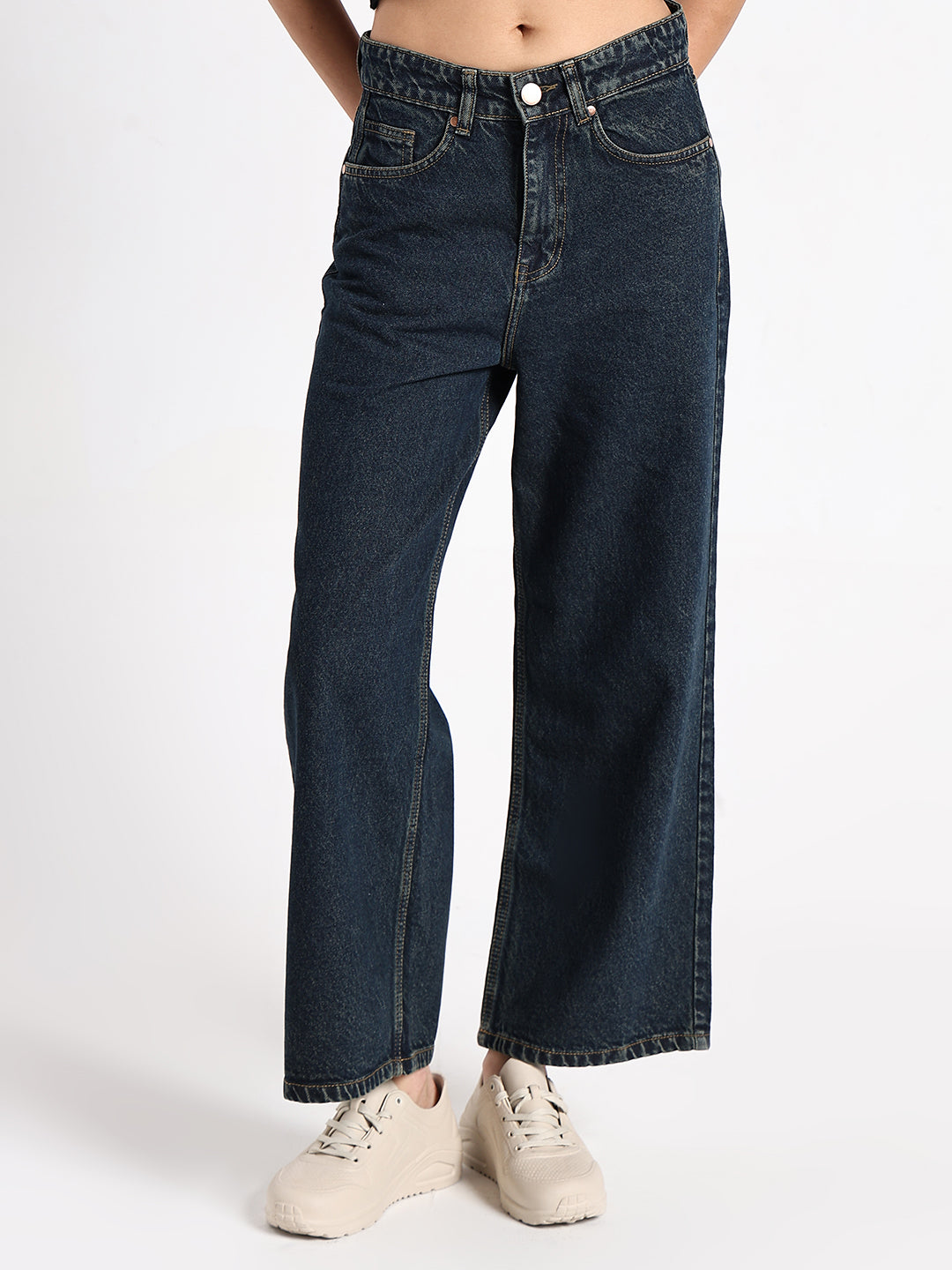 Women's Navy Blue High-Waist Wide Leg Jeans