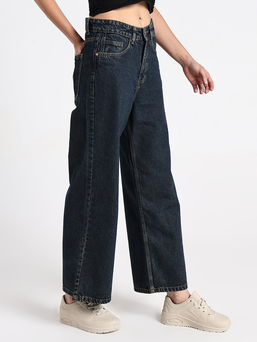 Women's Navy Blue High-Waist Wide Leg Jeans