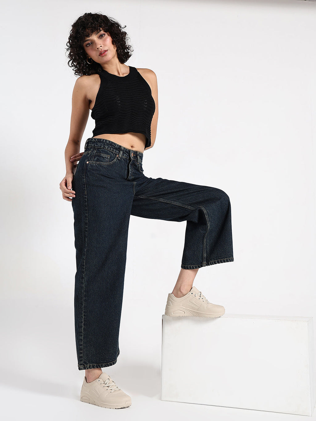 Women's Navy Blue High-Waist Wide Leg Jeans