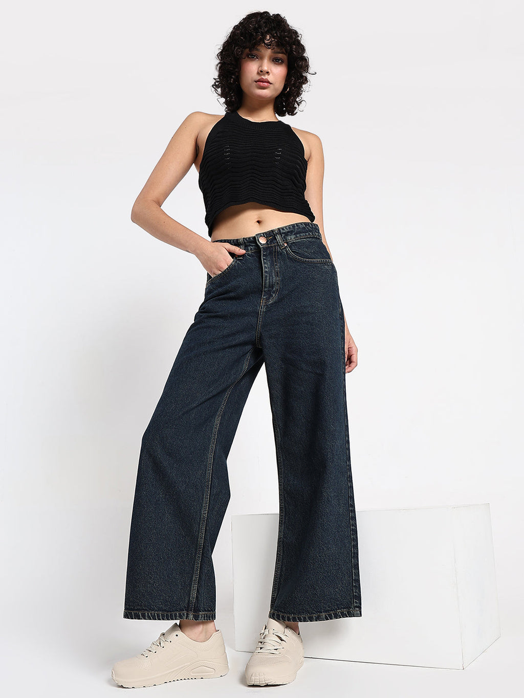 Women's Navy Blue High-Waist Wide Leg Jeans
