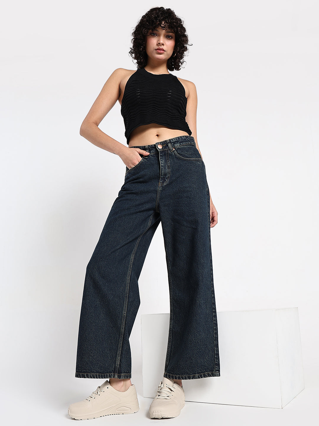 Women's Navy Blue High-Waist Wide Leg Jeans