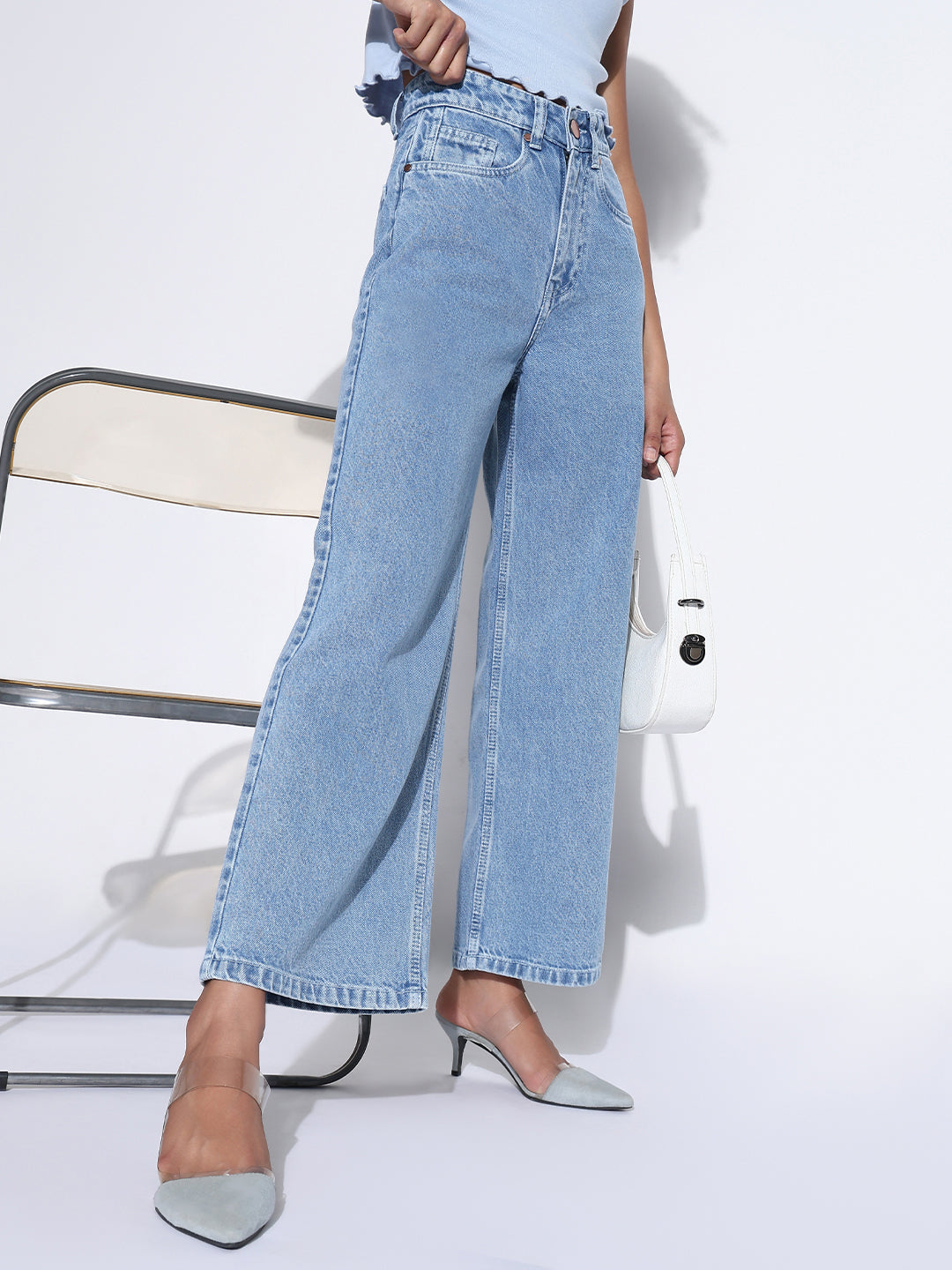 Women's Solid Light Blue Wide Leg Jeans