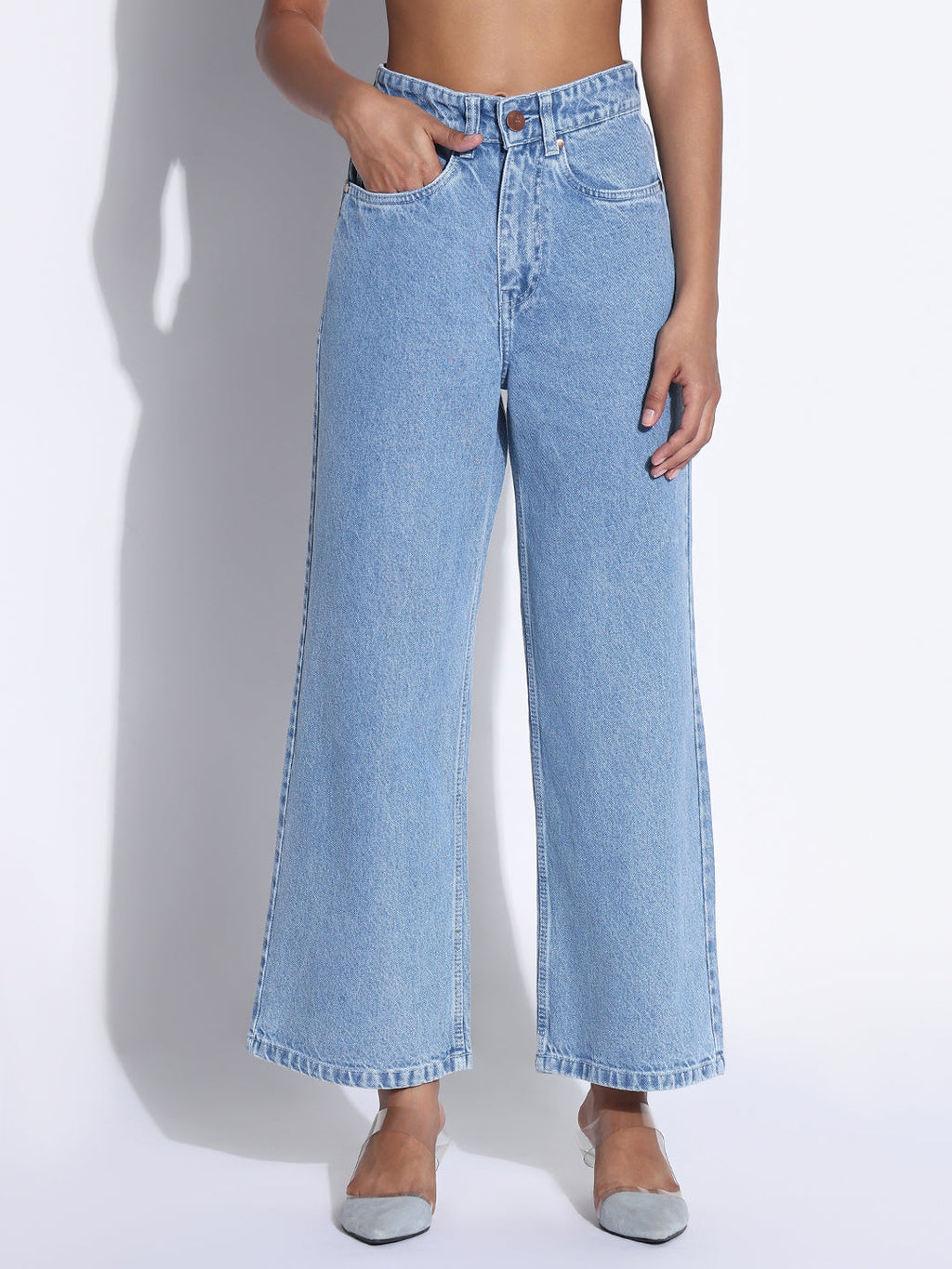 Women's Solid Light Blue Wide Leg Jeans