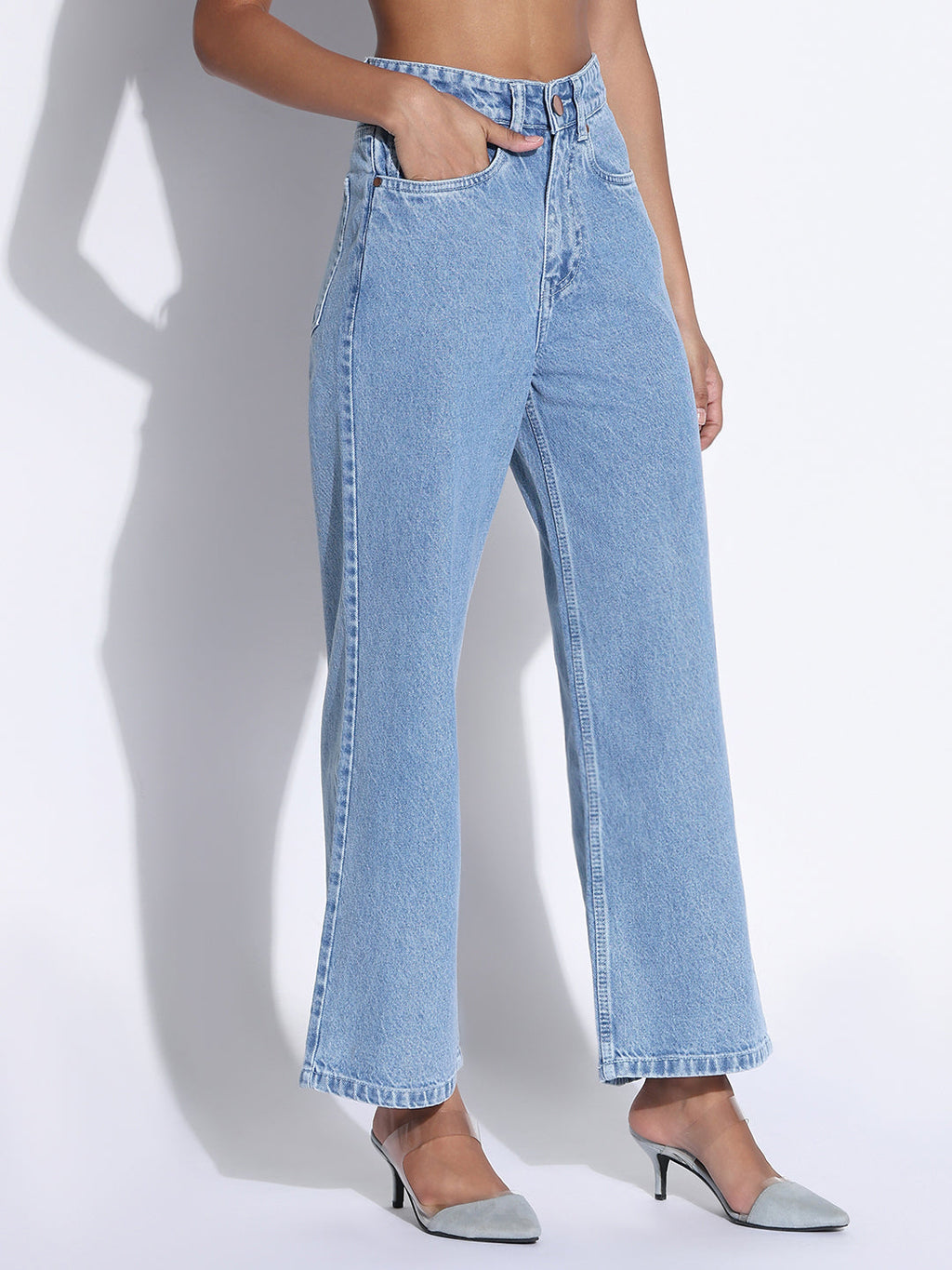 Women's Solid Light Blue Wide Leg Jeans