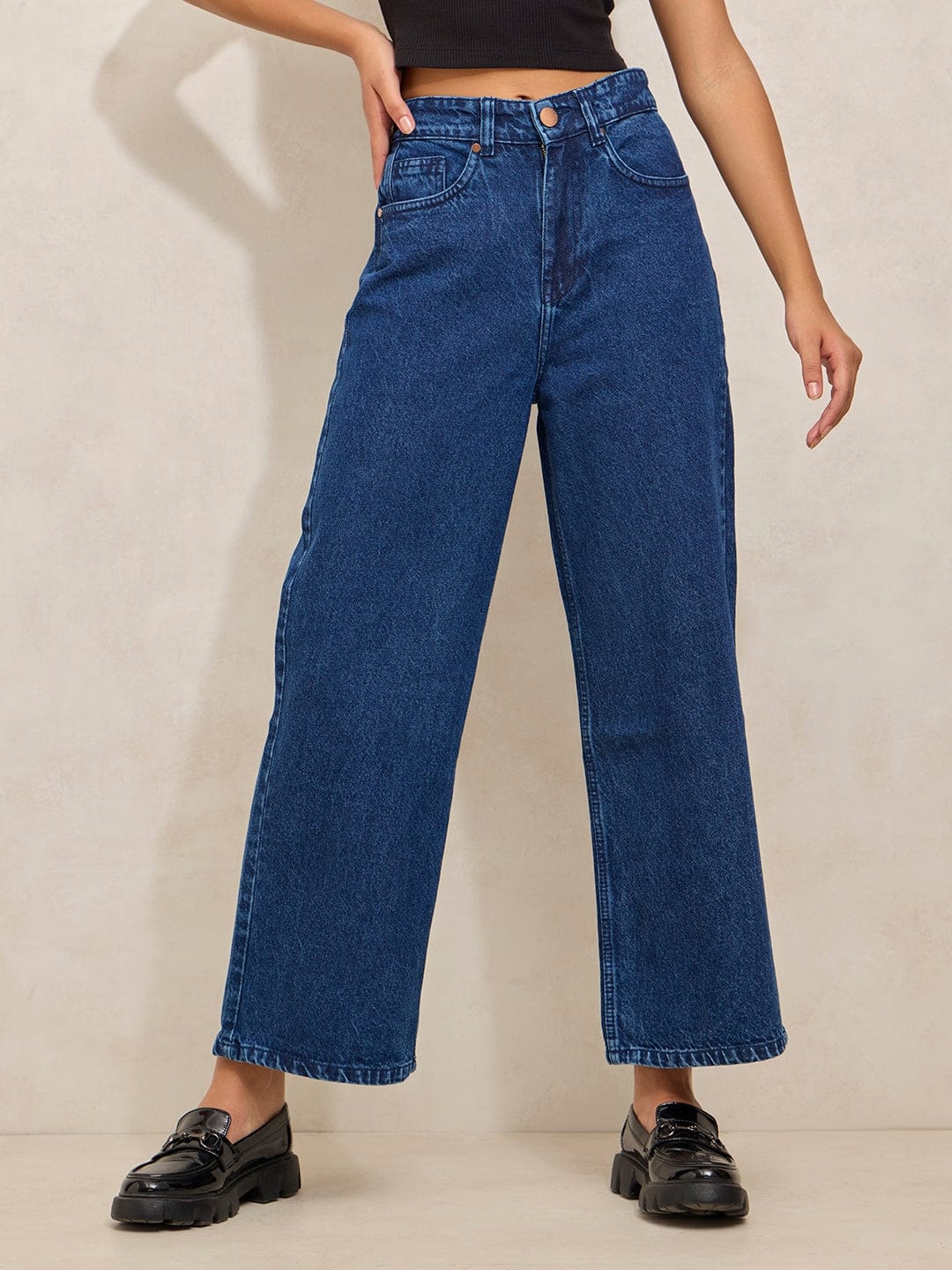 Women's Navy Blue High Rise Cropped Straight Fit Jeans