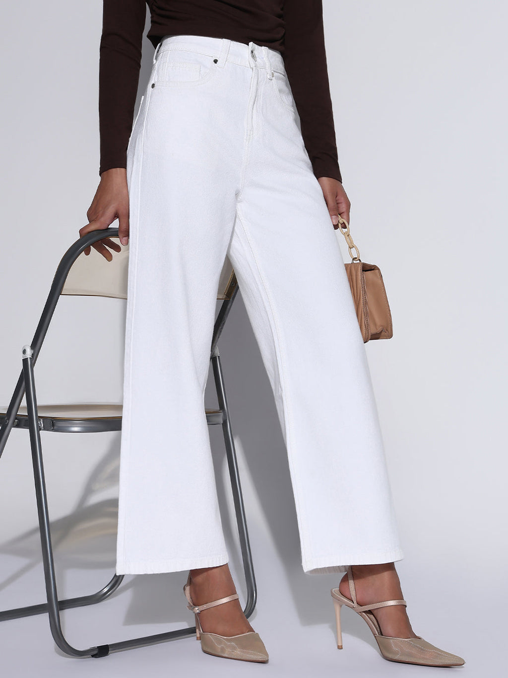 Women's Solid White Wide Leg Jeans
