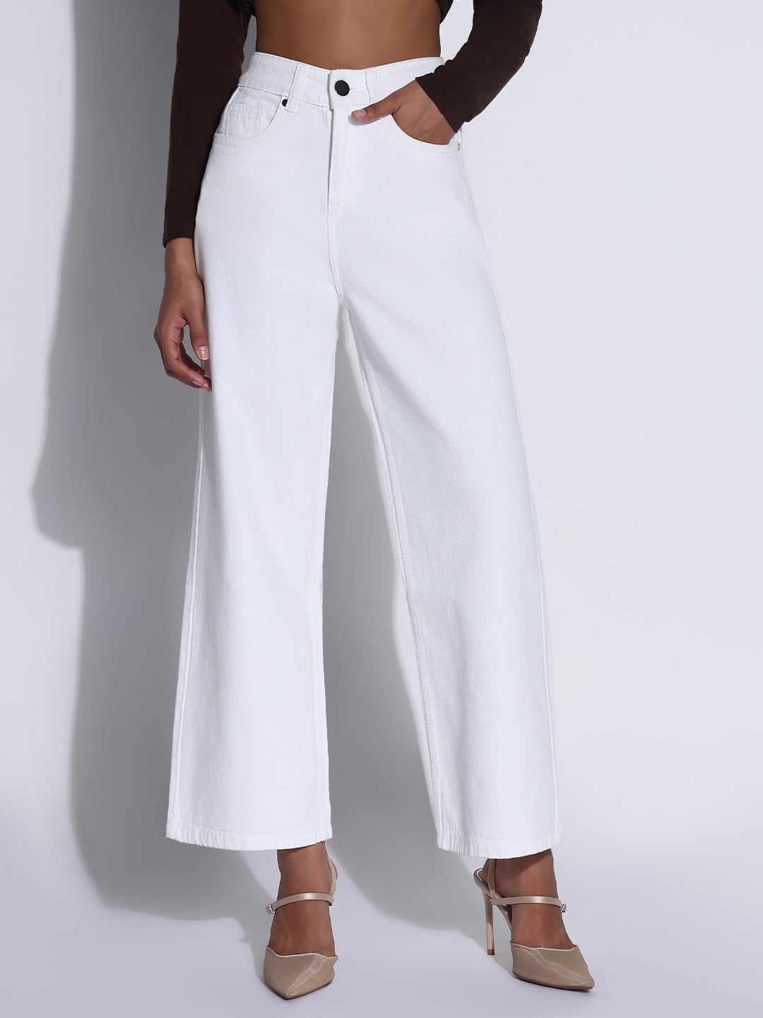 Women's Solid White Wide Leg Jeans