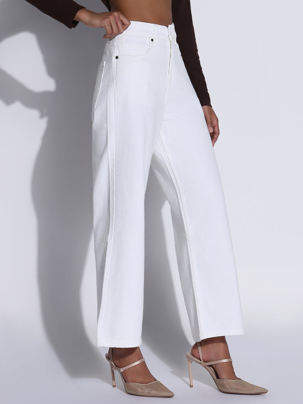 Women's Solid White Wide Leg Jeans