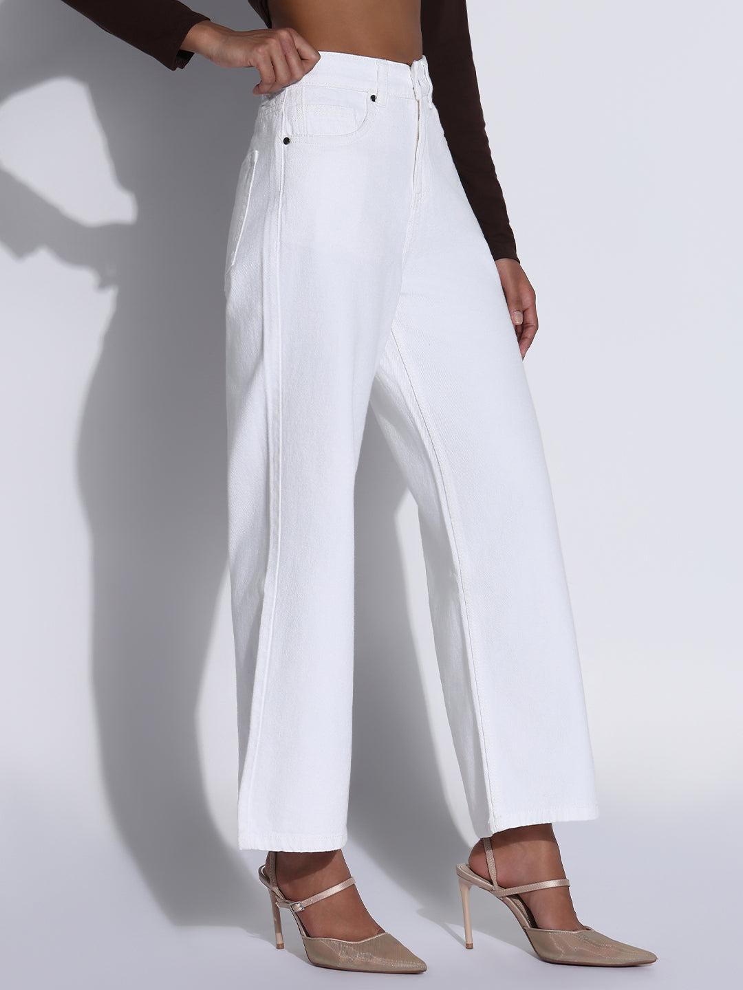 Women's Solid White Wide Leg Jeans