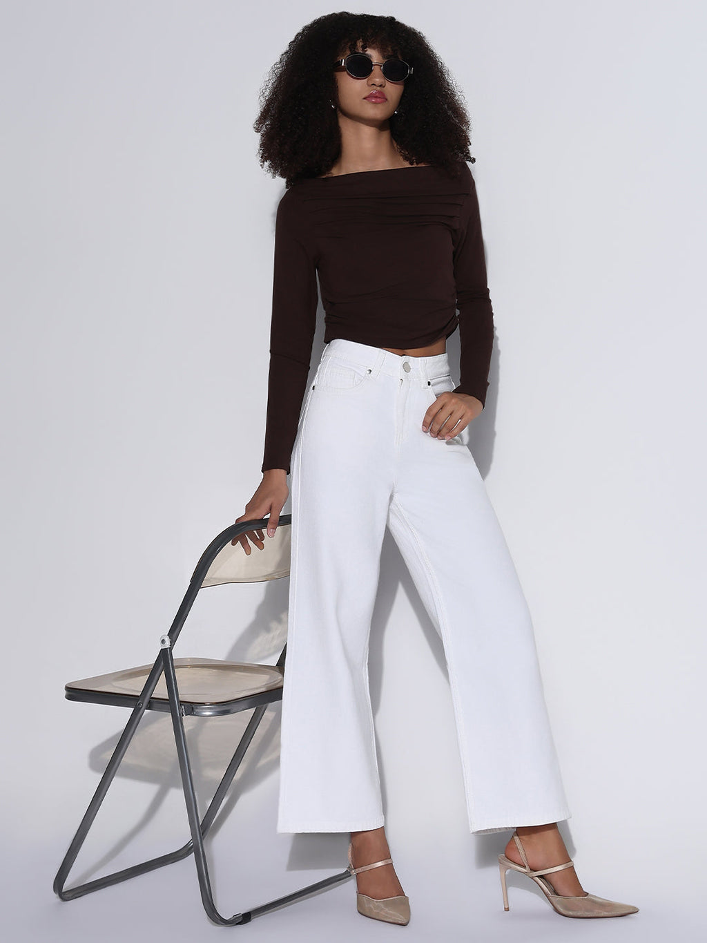 Women's Solid White Wide Leg Jeans