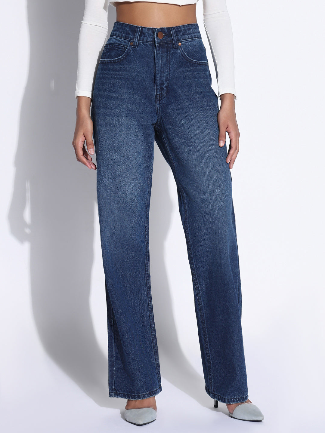 Women's Solid Navy Blue Straight Fit Jeans
