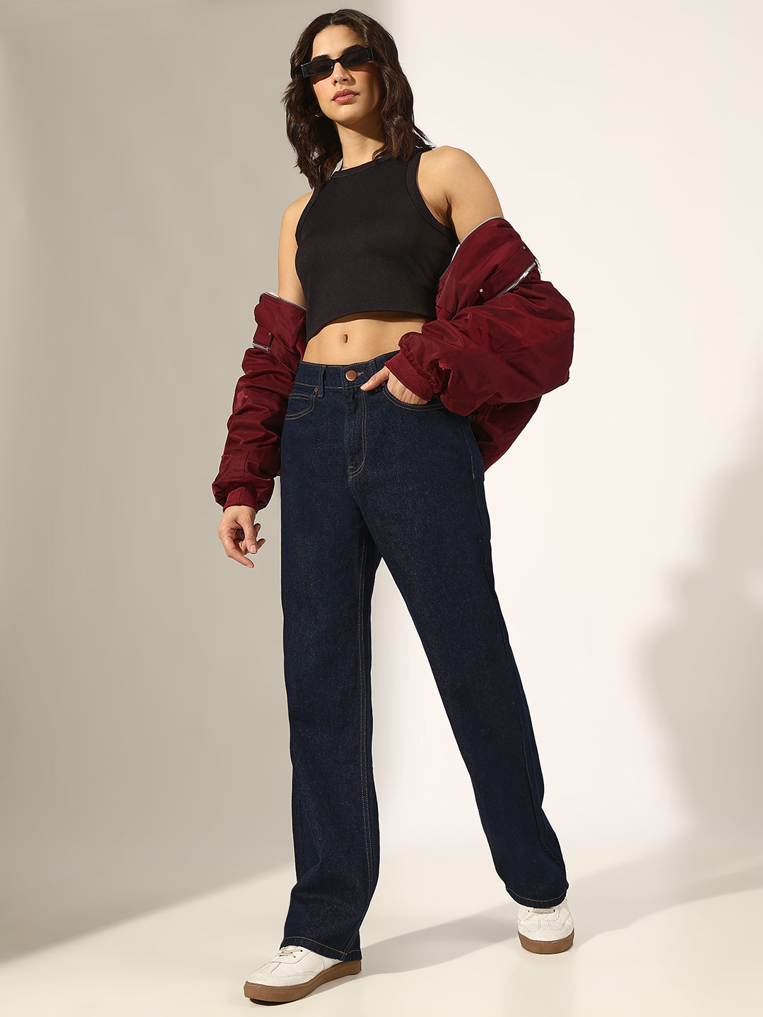 Women's Dark Blue Mid-Rise Relaxed Fit Jeans