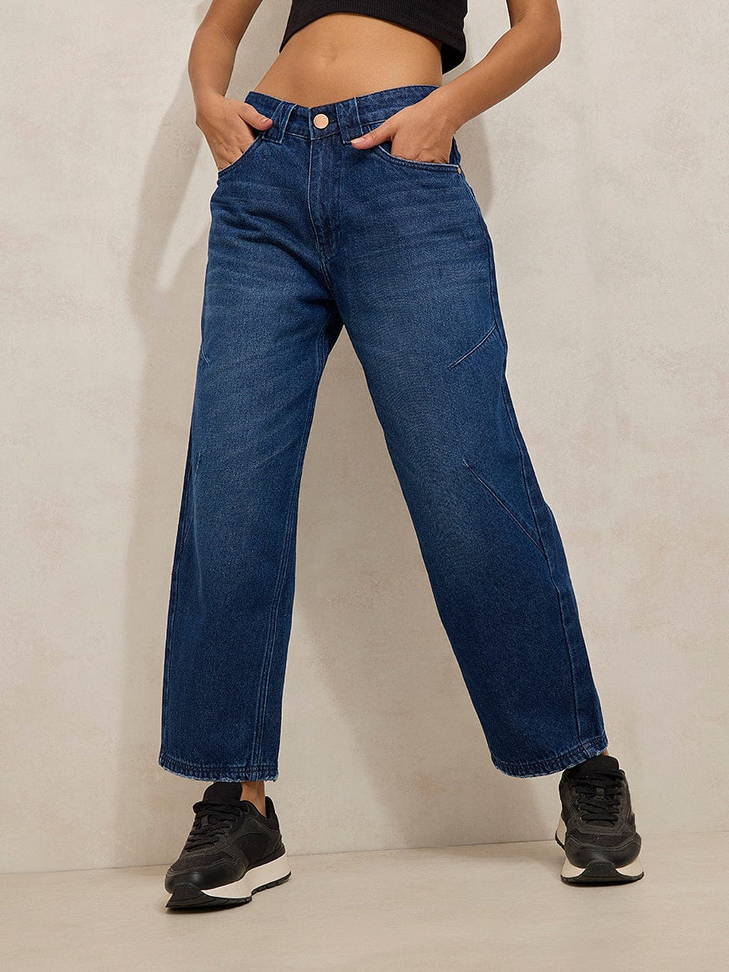 Women's Navy Blue Relaxed Fit Straight Cropped Jeans