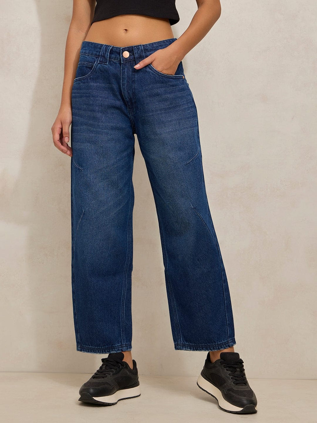 Women's Navy Blue Relaxed Fit Straight Cropped Jeans