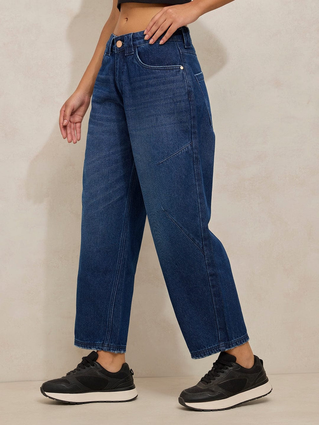 Women's Navy Blue Relaxed Fit Straight Cropped Jeans