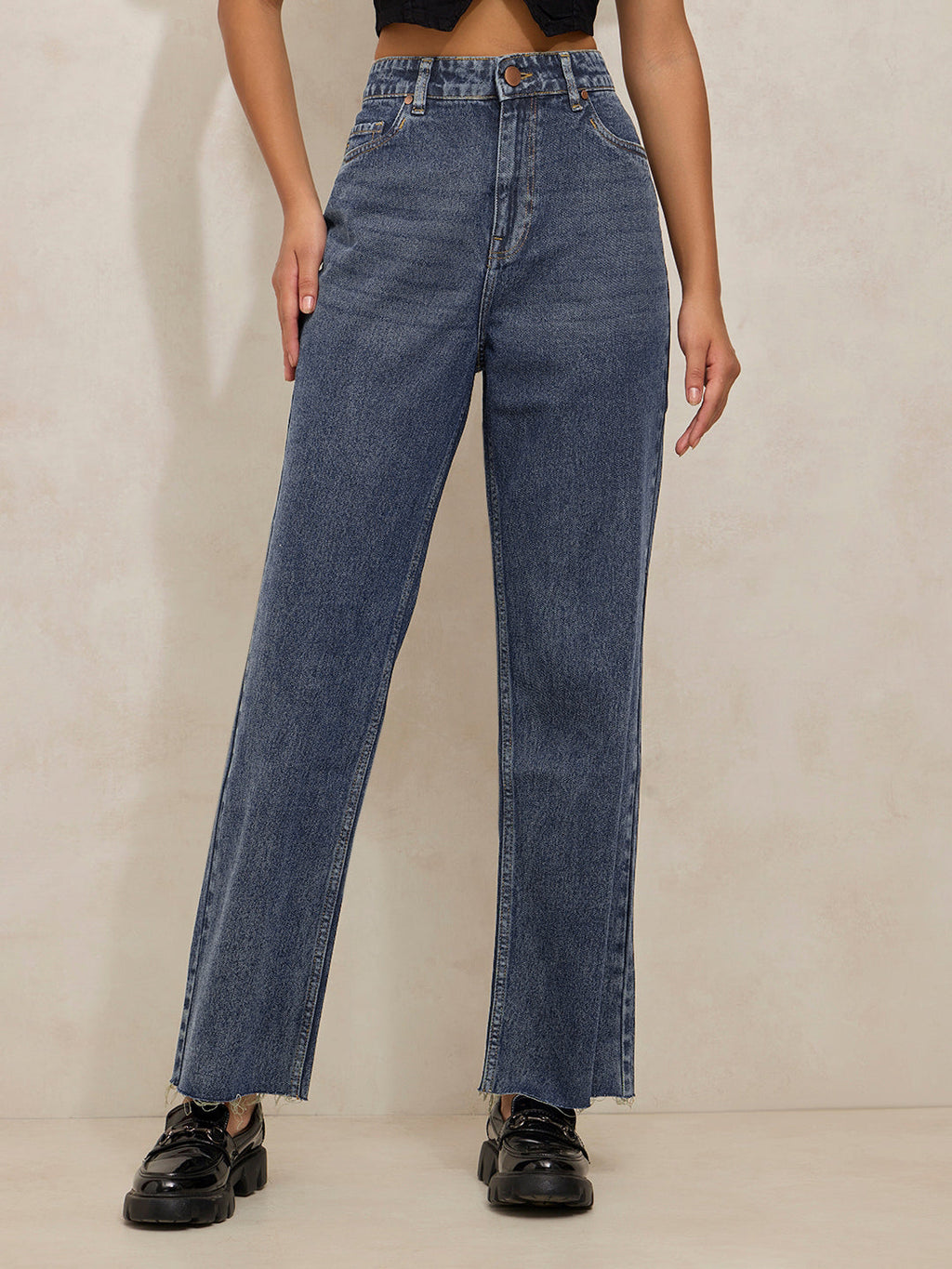 Women's Blue High Waist Casual Straight Fit Jeans