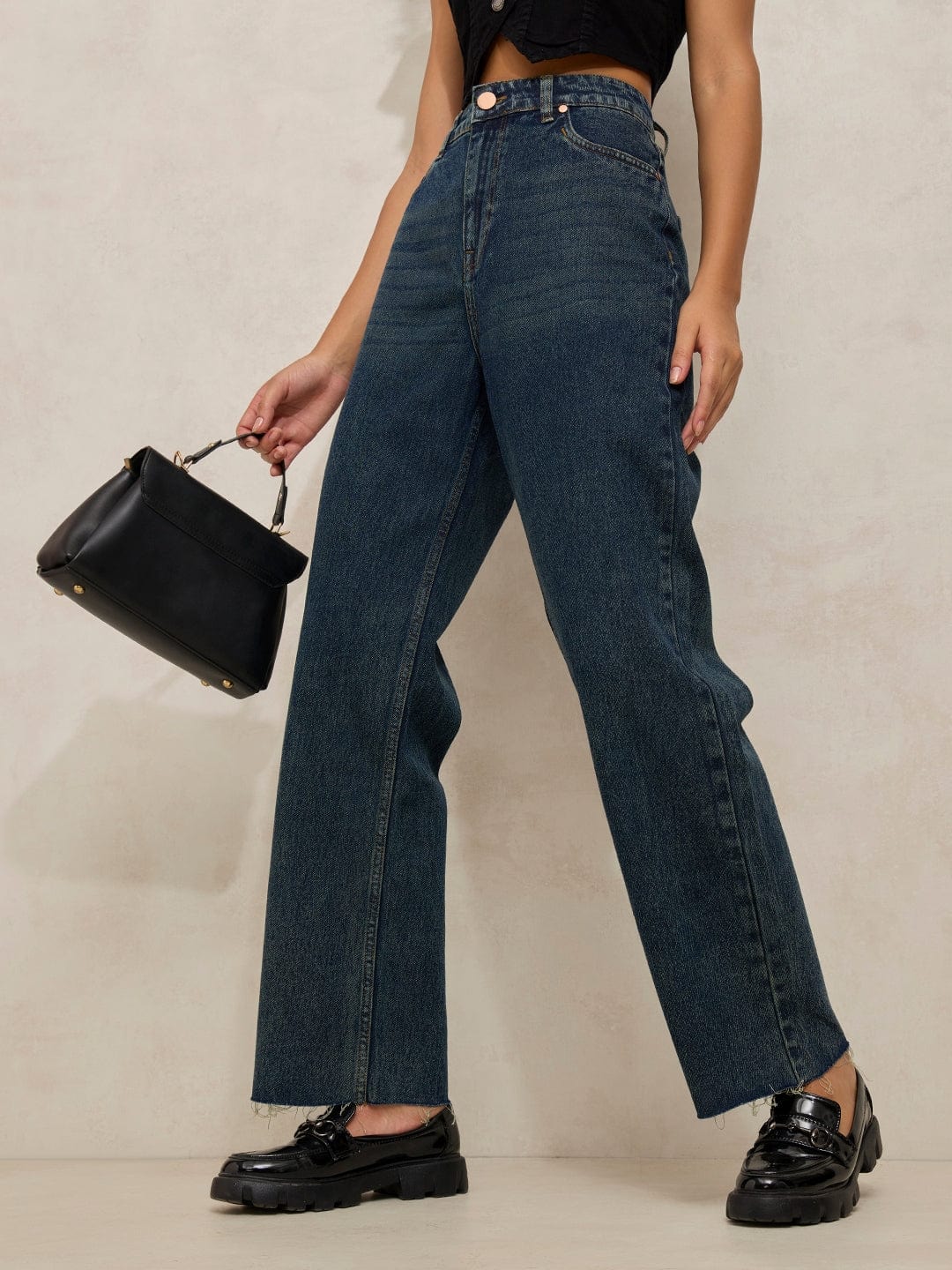 Women's Navy Blue High Rise Relaxed Fit Straight Jeans with Raw Hem