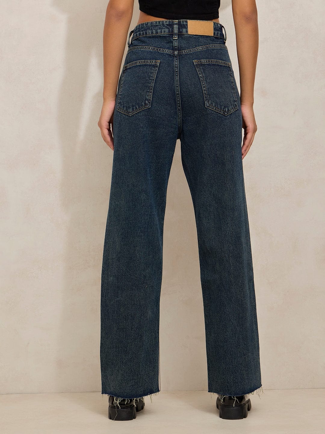 Women's Navy Blue High Rise Relaxed Fit Straight Jeans with Raw Hem