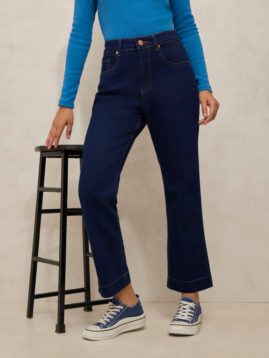 Women's Navy Blue Denim High Rise Straight Fit Cropped Jeans